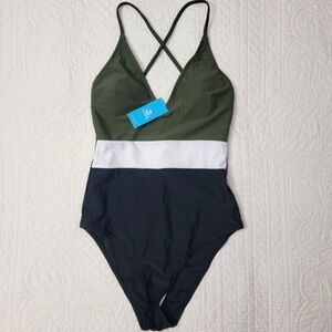 Women's Green Black White V-neck Cross Back Strap Bathingsuit Swimwear Size S